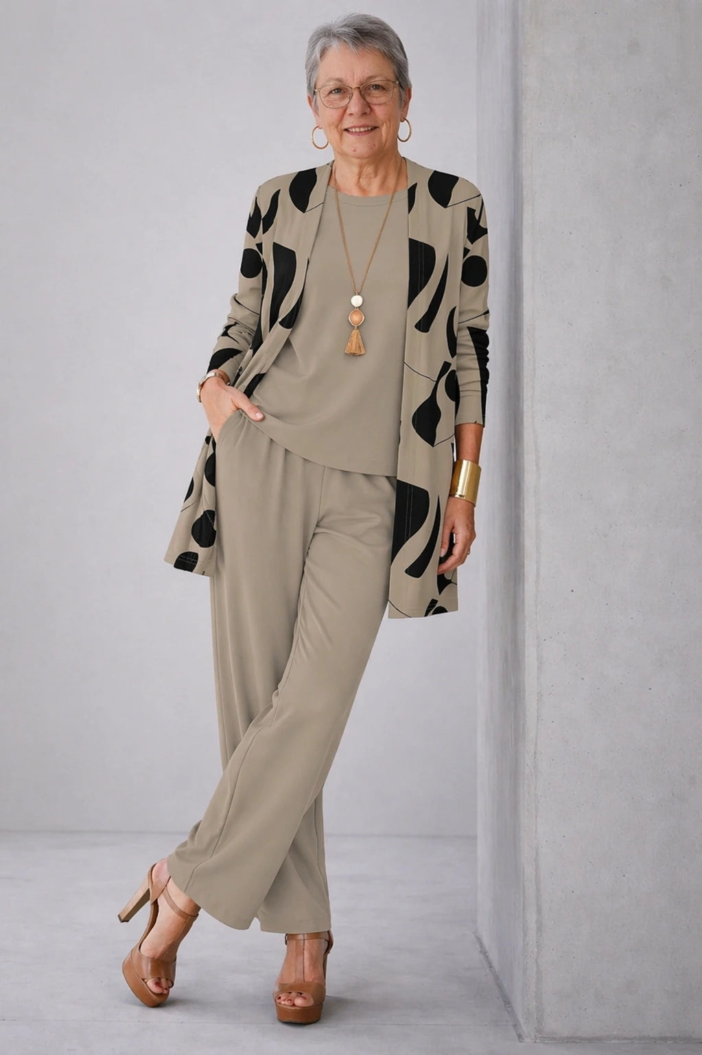 Cassandra – Taupe Abstract Three-Piece Set - view 1