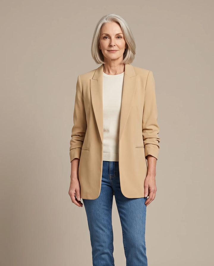 Delphine oversized open-front blazer in khaki, shown open over an ivory top with blue jeans