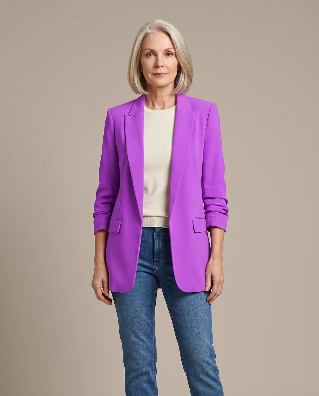 Delphine oversized open-front blazer in purple, shown open over an ivory top with blue jeans