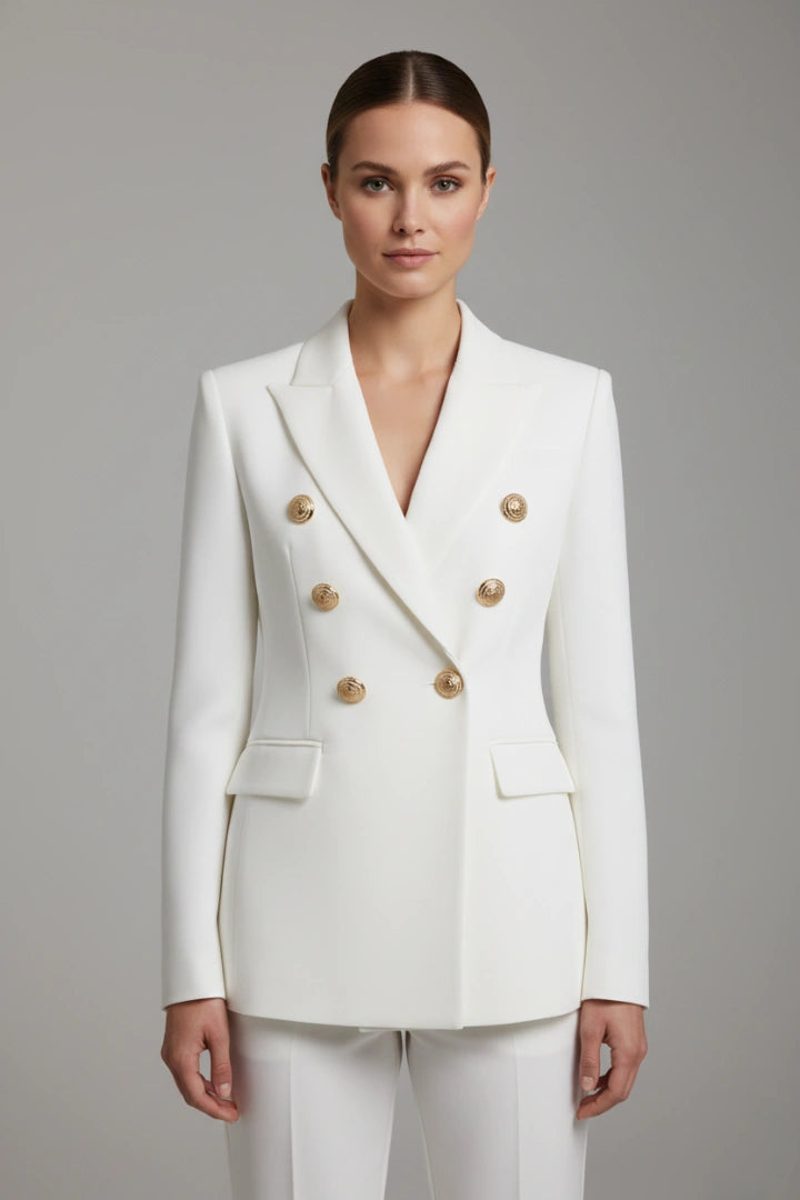 Audrey – Double-Breasted Gold Button Blazer - White