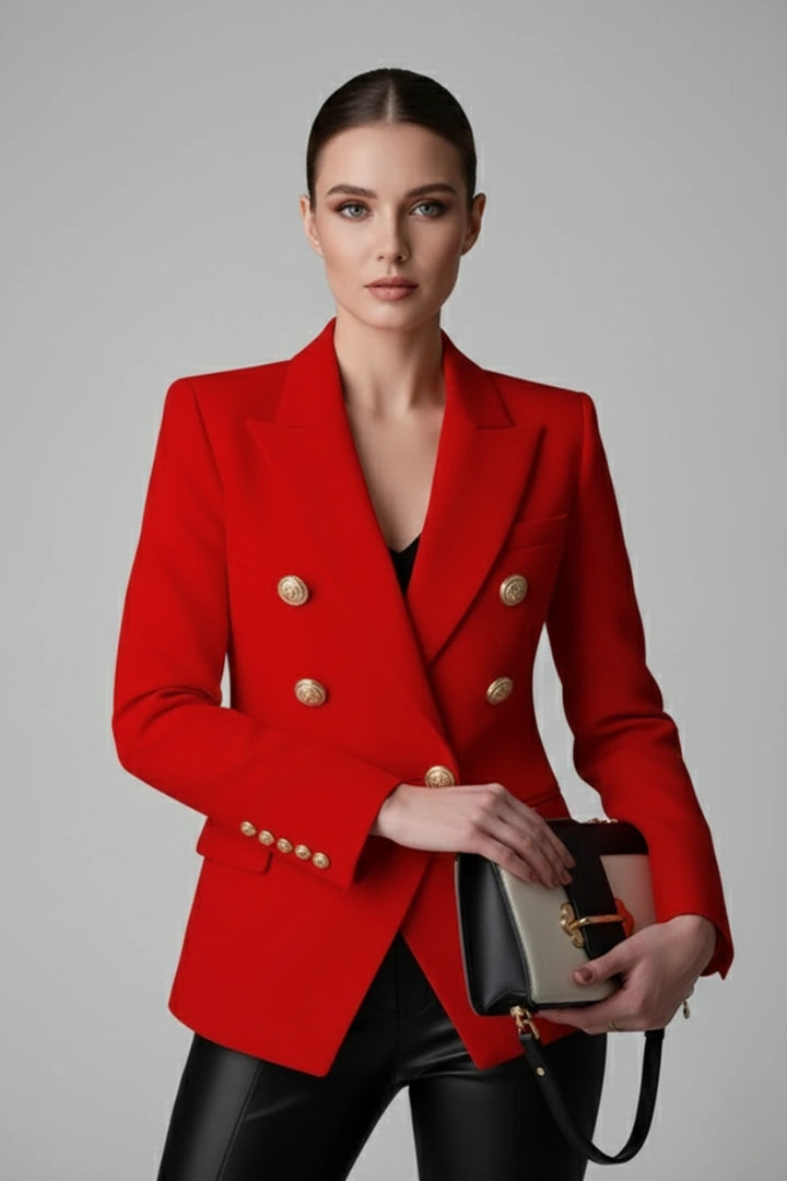 Audrey – Double-Breasted Gold Button Blazer - Red