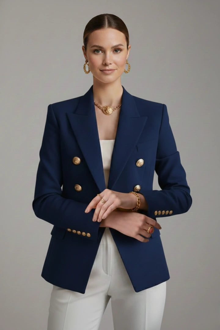 Audrey – Double-Breasted Gold Button Blazer - Navy Blue