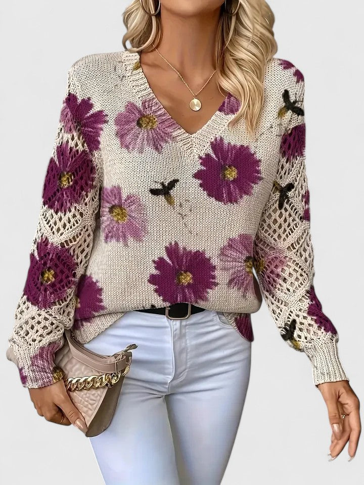 Aubrielynn – Floral Crochet-Sleeve Sweater