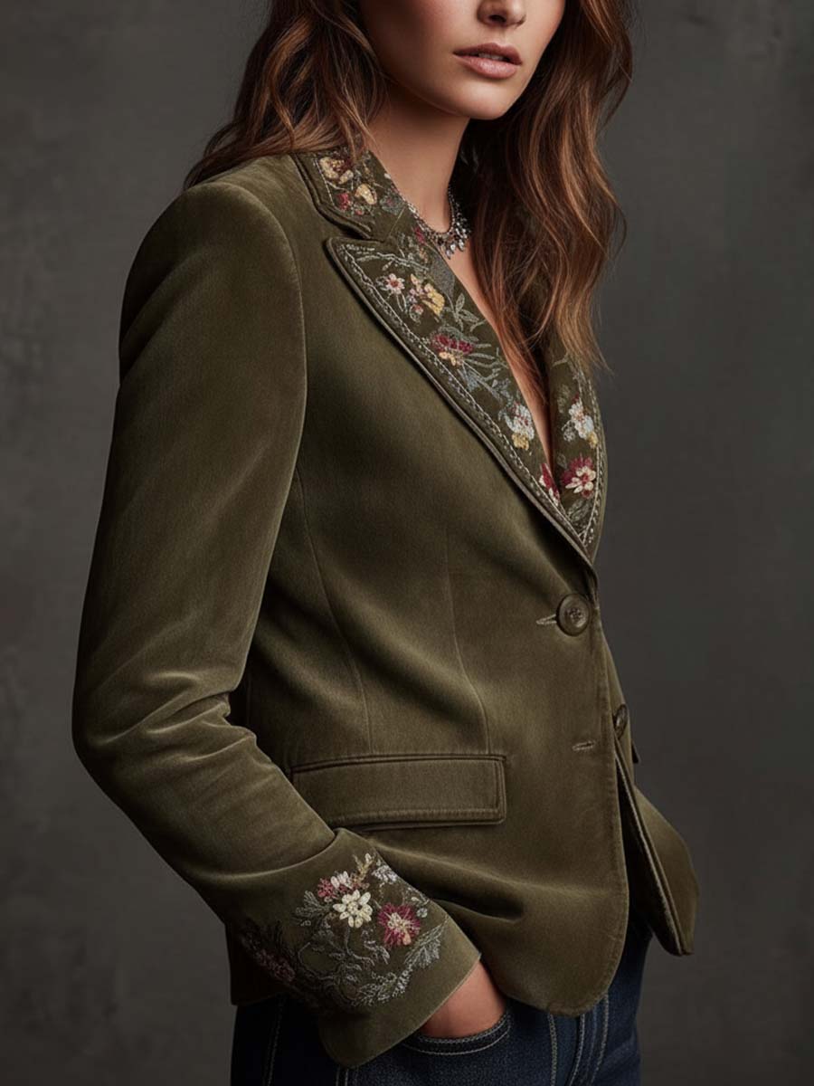 Fenella – Olive Velvet Embroidered Blazer