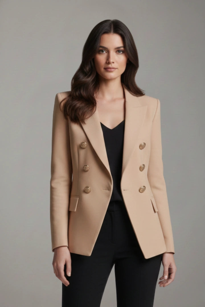 Audrey – Double-Breasted Gold Button Blazer - Khaki