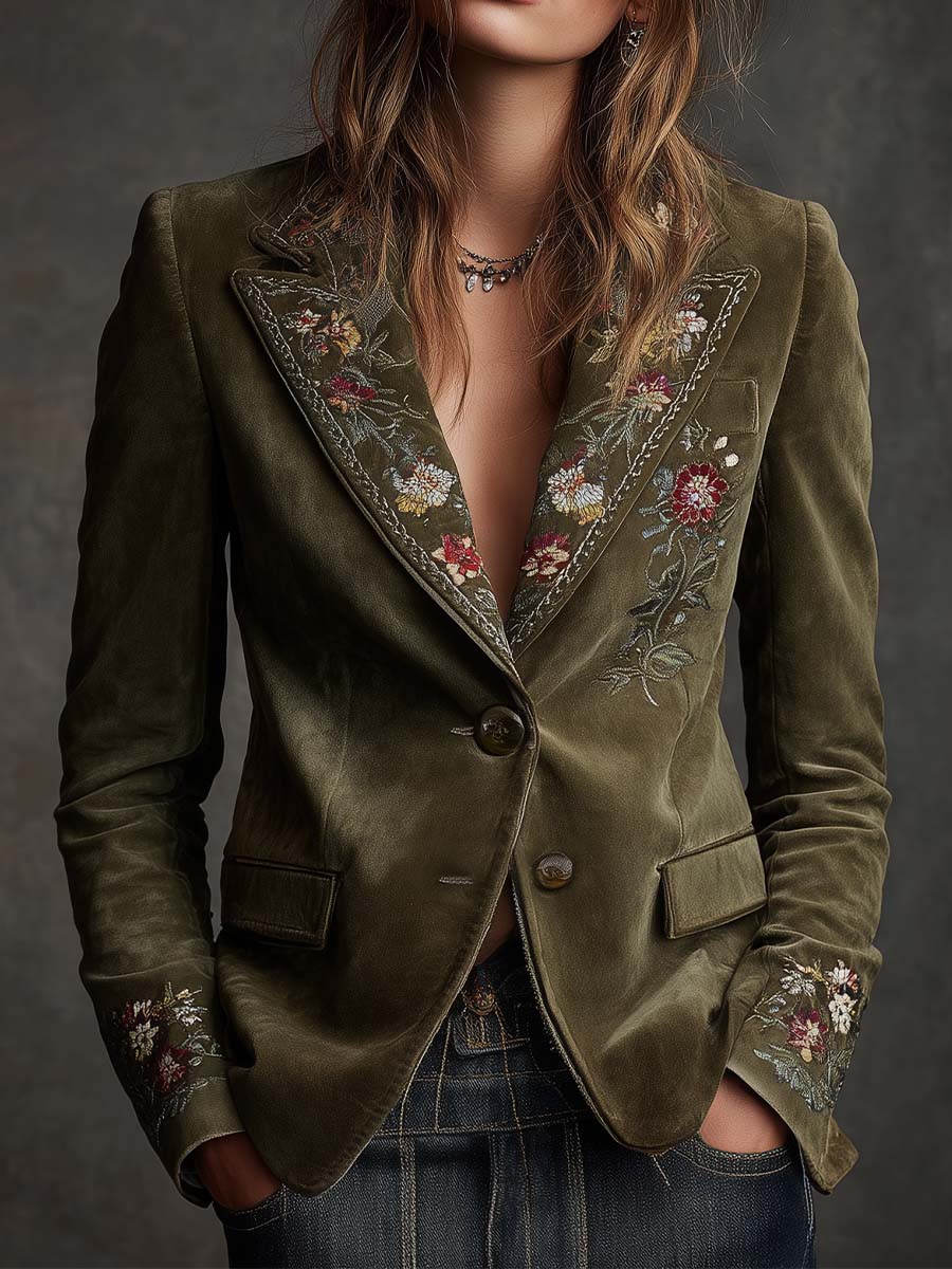 Fenella – Olive Velvet Embroidered Blazer