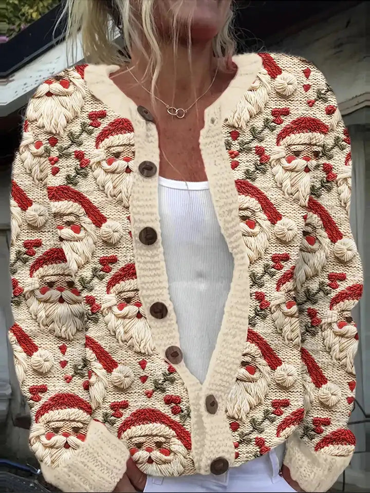 Junella™ | Vintage Print Cardigan - Winter Red