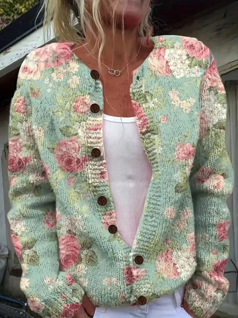 Junella™ | Vintage Print Cardigan - Mint Rose