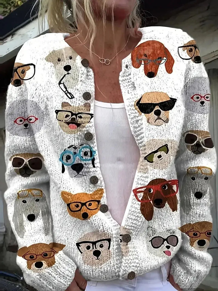 Junella™ | Vintage Print Cardigan - Spectacled Dogs