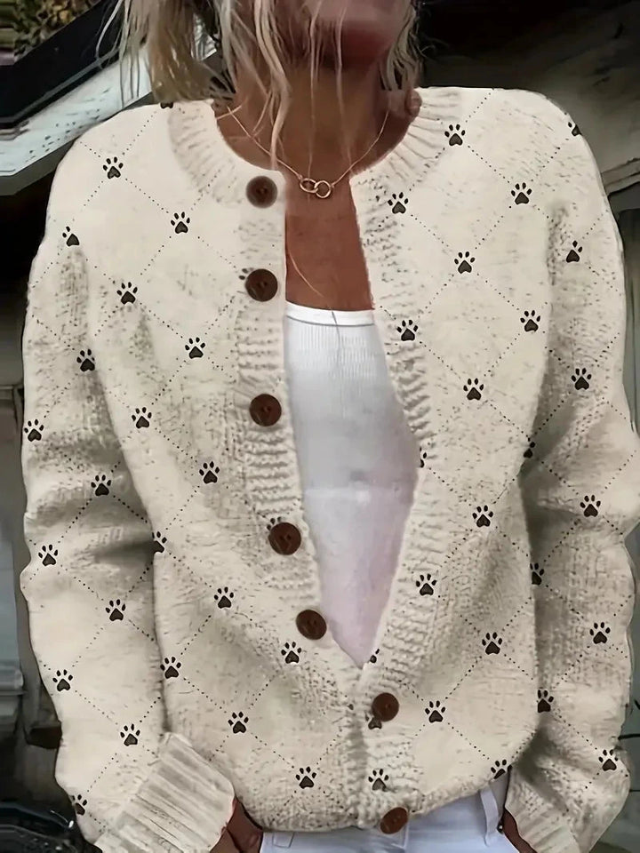 Junella™ | Vintage Print Cardigan - Oat Paws