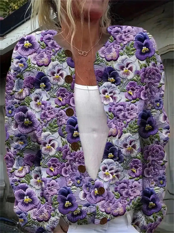 Junella™ | Vintage Print Cardigan - Purple Pansy