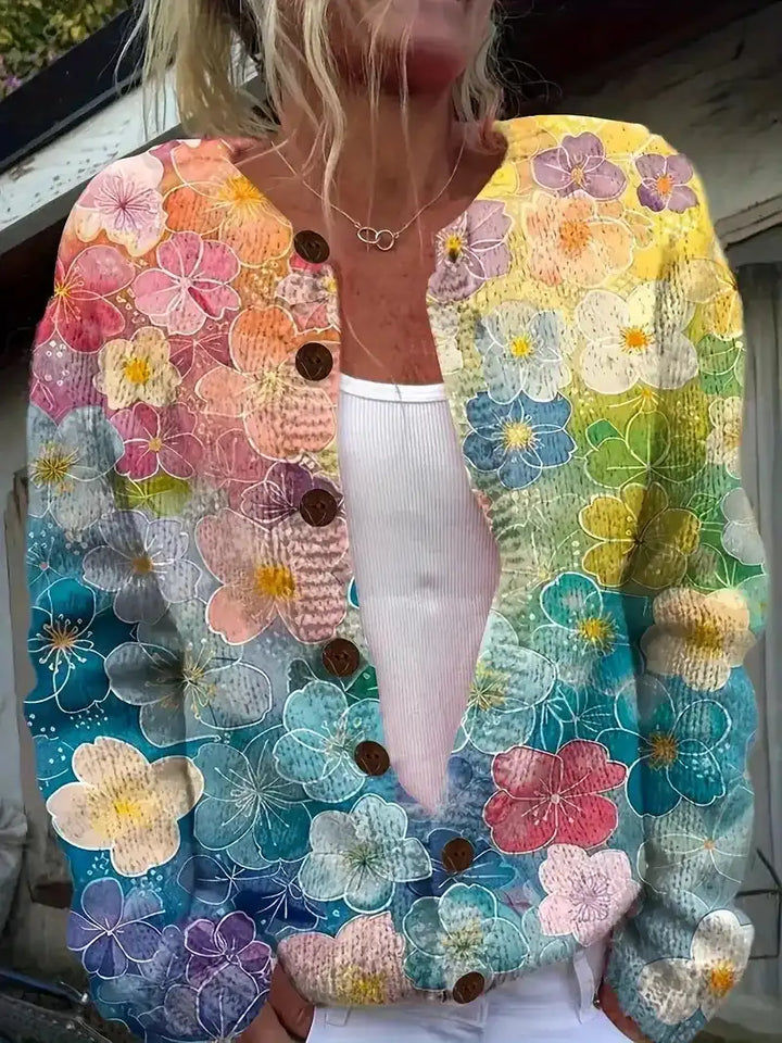 Junella™ | Vintage Print Cardigan - Rainbow Blossom