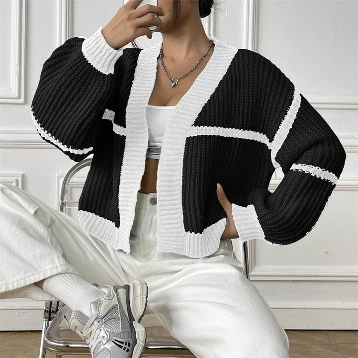 Thea – Ribbed Cardigan with Contrast Trim