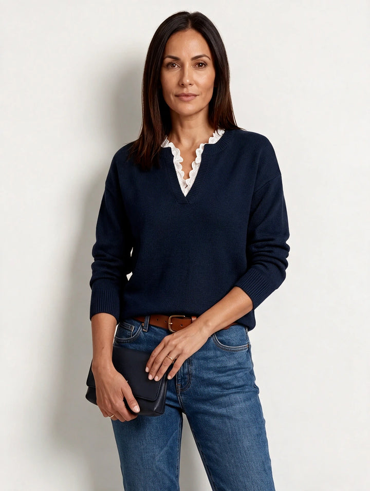 Gillian – Elegant Lace-Trim V-Neck Jumper