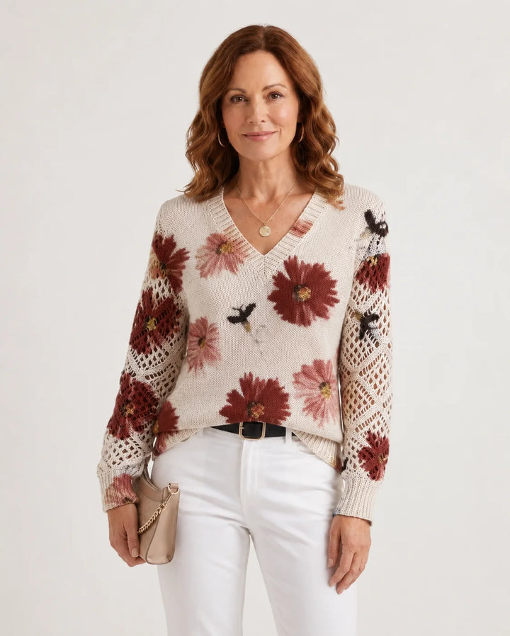 Aubrielynn – Floral Crochet-Sleeve Sweater