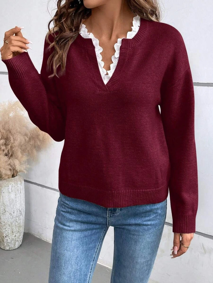Gillian – Elegant Lace-Trim V-Neck Jumper