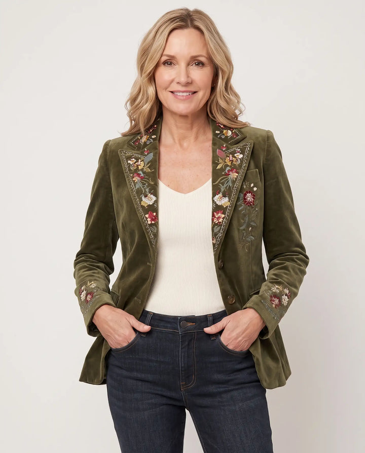 Fenella – Olive Velvet Embroidered Blazer